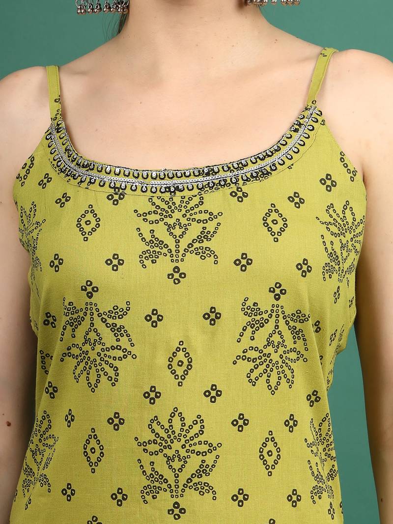women green bandhani embroidered shoulder straps sequinned kurta with palazzo & dupatta