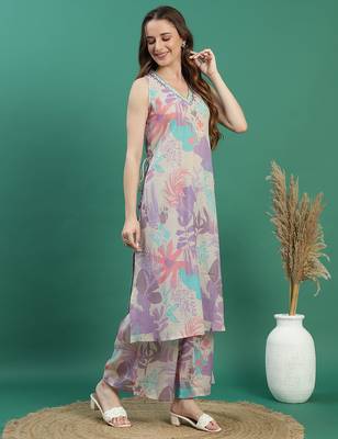 women beige floral printed mirror work v-neck straight kurta with trousers 1