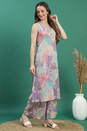 women beige floral printed mirror work v-neck straight kurta with trousers