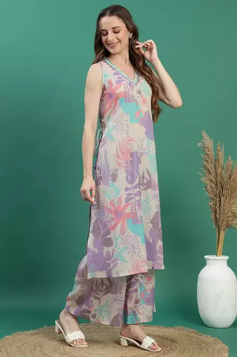 women beige floral printed mirror work v-neck straight kurta with trousers