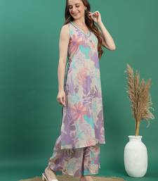 women beige floral printed mirror work v-neck straight kurta with trousers