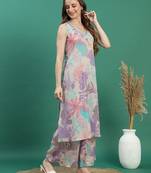 women beige floral printed mirror work v-neck straight kurta with trousers
