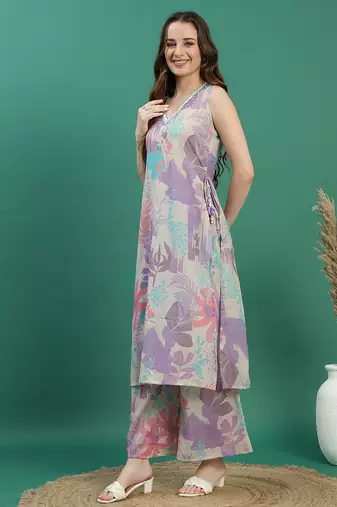 women beige floral printed mirror work v-neck straight kurta with trousers