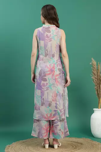 women beige floral printed mirror work v-neck straight kurta with trousers