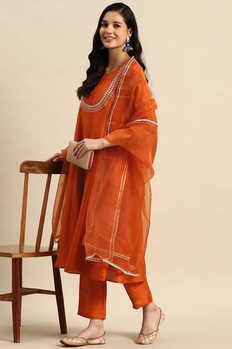 women ethnic motifs embroidered mirror work silk crepe kurta with trousers & dupatta