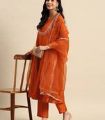 women ethnic motifs embroidered mirror work silk crepe kurta with trousers & dupatta
