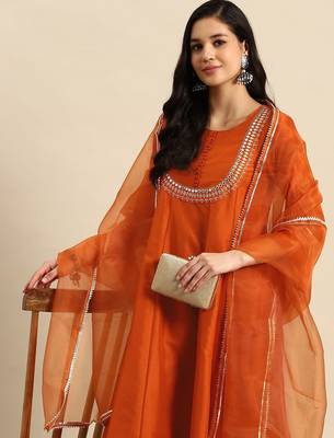 women ethnic motifs embroidered mirror work silk crepe kurta with trousers & dupatta 2