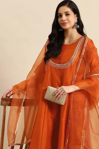 women ethnic motifs embroidered mirror work silk crepe kurta with trousers & dupatta
