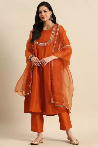 women ethnic motifs embroidered mirror work silk crepe kurta with trousers & dupatta