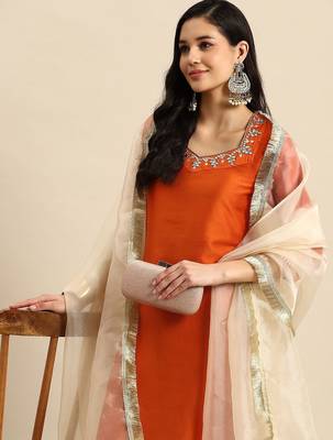 women ethnic motifs embroidered mirror work silk crepe kurta with trousers & dupatta 1