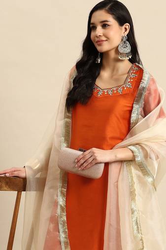 women ethnic motifs embroidered mirror work silk crepe kurta with trousers & dupatta