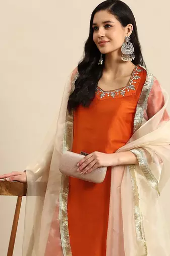 women ethnic motifs embroidered mirror work silk crepe kurta with trousers & dupatta