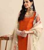 women ethnic motifs embroidered mirror work silk crepe kurta with trousers & dupatta