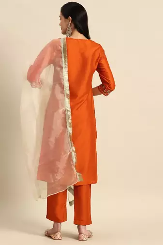 women ethnic motifs embroidered mirror work silk crepe kurta with trousers & dupatta