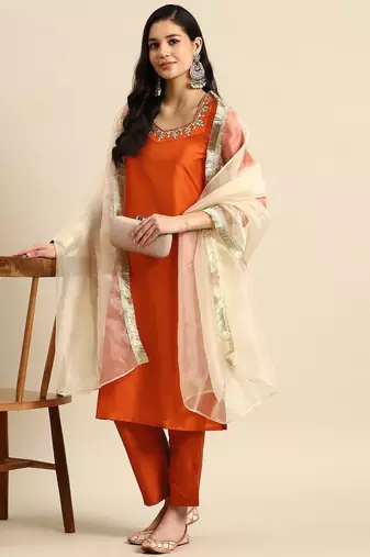 women ethnic motifs embroidered mirror work silk crepe kurta with trousers & dupatta