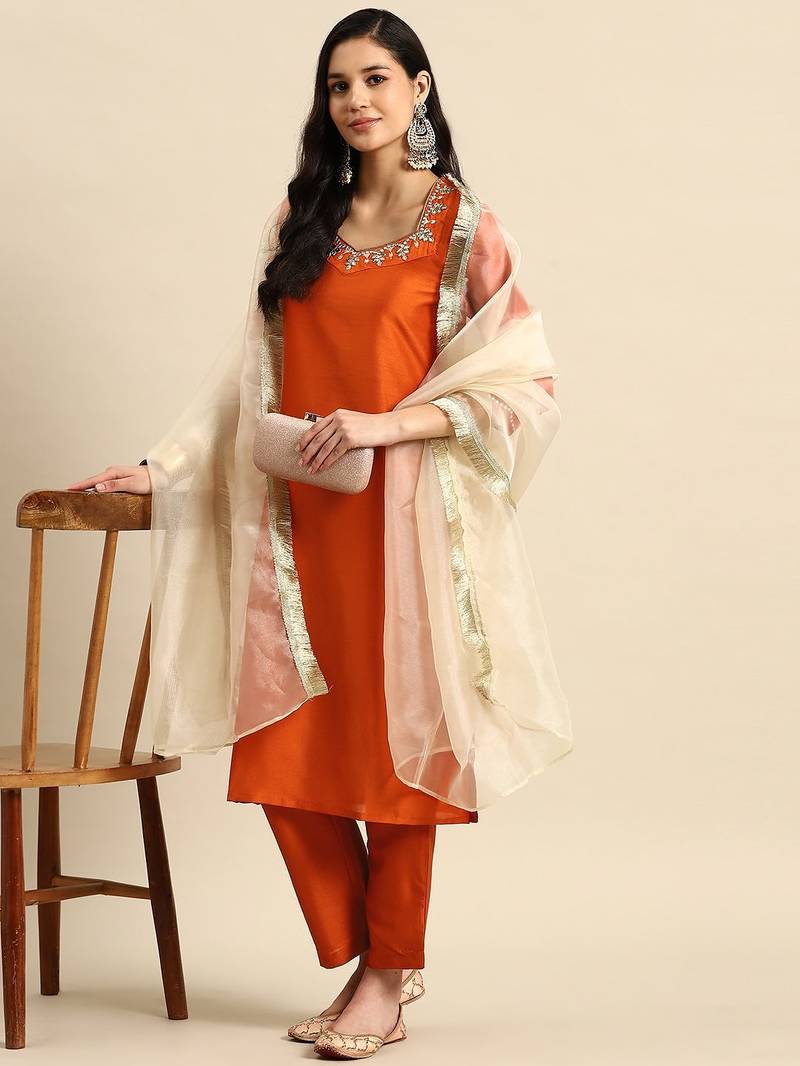 women ethnic motifs embroidered mirror work silk crepe kurta with trousers & dupatta