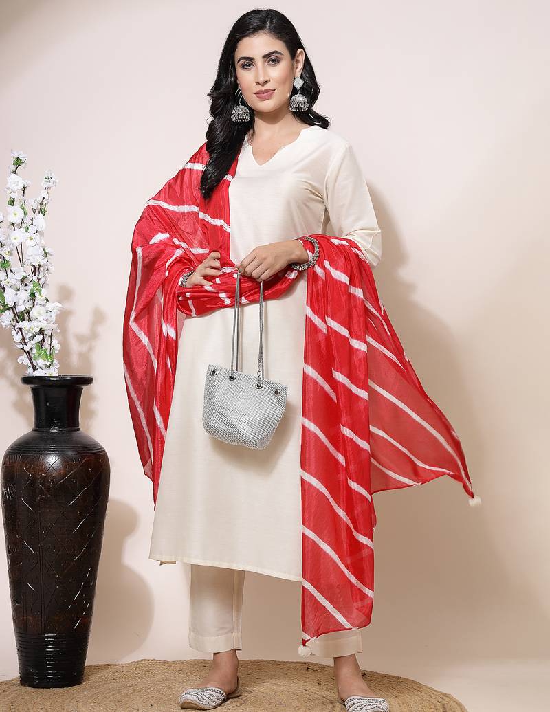 women v-neck straight kurta with trousers & dupatta