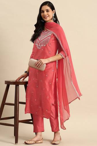 women floral embroidered sequinned kurta with trousers & dupatta