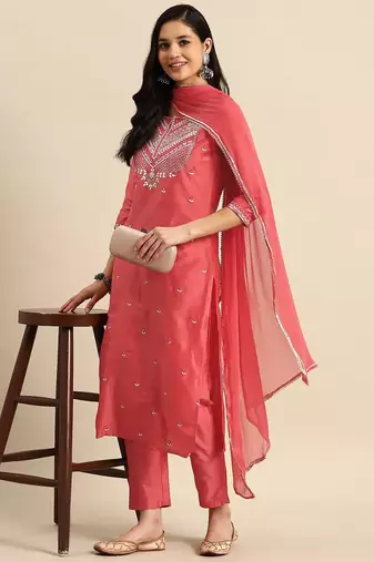 women floral embroidered sequinned kurta with trousers & dupatta