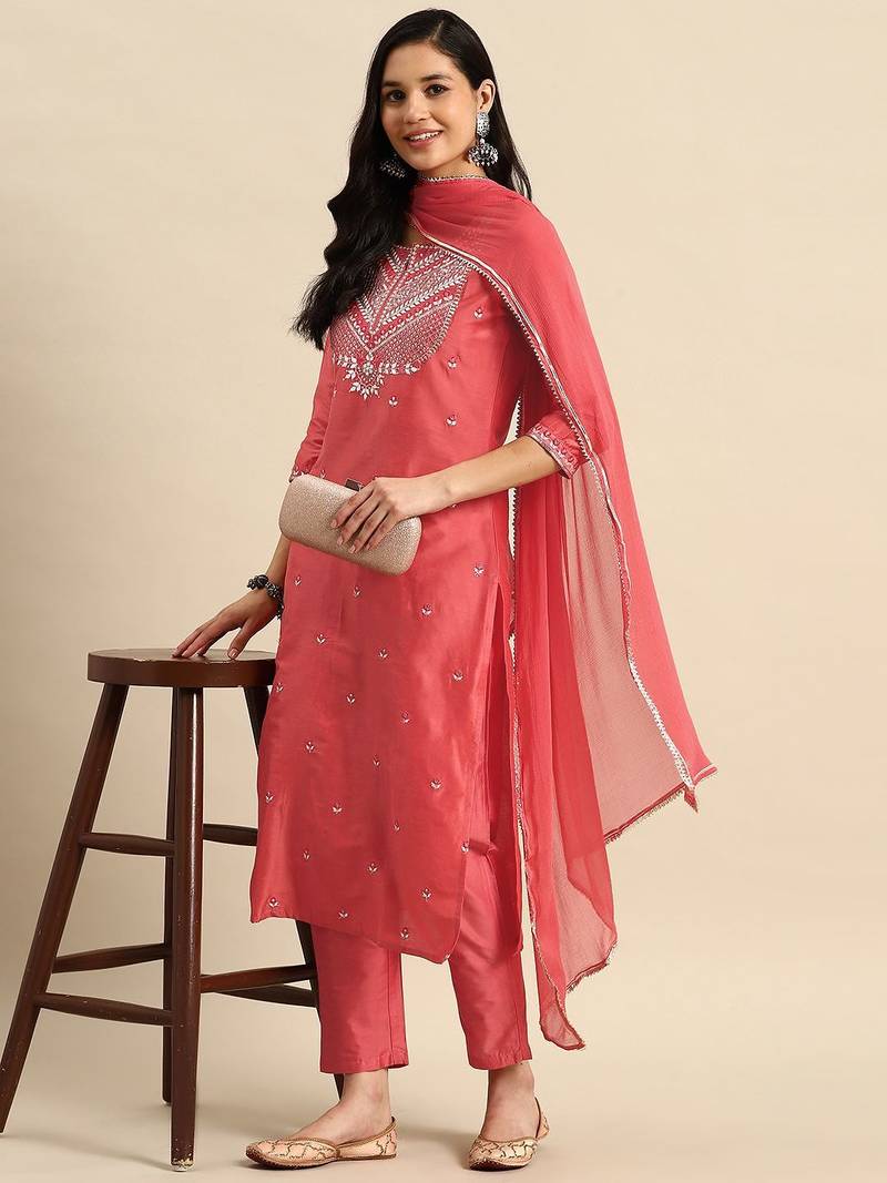 women floral embroidered sequinned kurta with trousers & dupatta