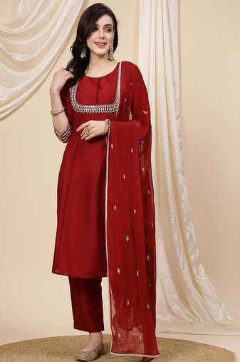women maroon mirror work embroidered anarkali kurta with trouser & dupatta 