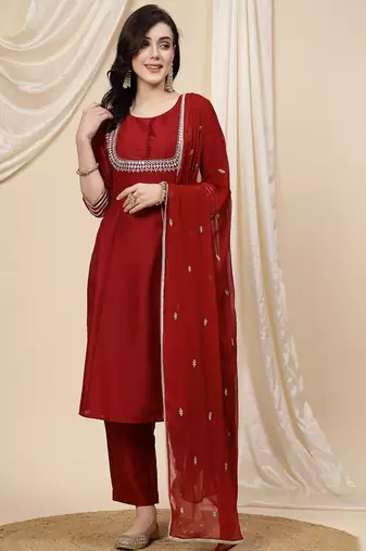women maroon mirror work embroidered anarkali kurta with trouser & dupatta 