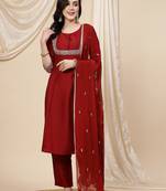 women maroon mirror work embroidered anarkali kurta with trouser & dupatta 