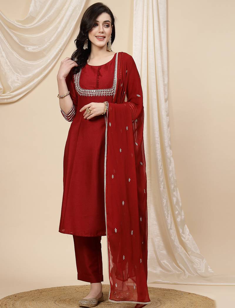 women maroon mirror work embroidered anarkali kurta with trouser & dupatta 