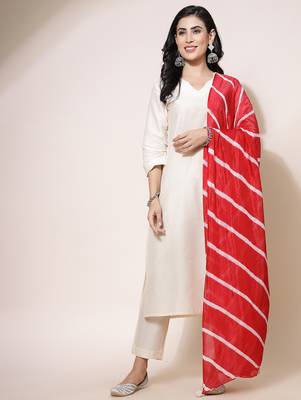 women v-neck straight kurta with trousers & dupatta 3