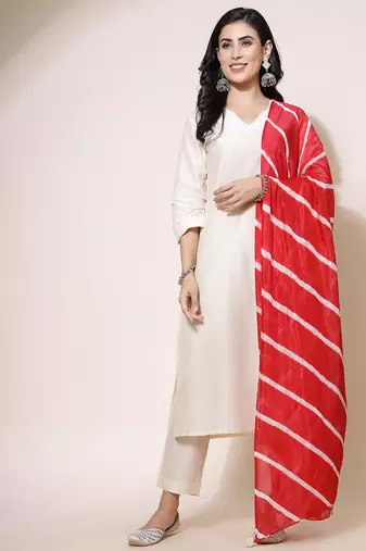 women v-neck straight kurta with trousers & dupatta