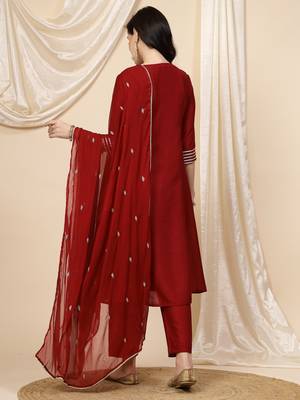 women maroon mirror work embroidered anarkali kurta with trouser & dupatta  2
