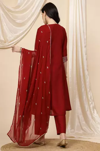 women maroon mirror work embroidered anarkali kurta with trouser & dupatta 