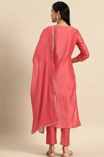 women floral embroidered sequinned kurta with trousers & dupatta