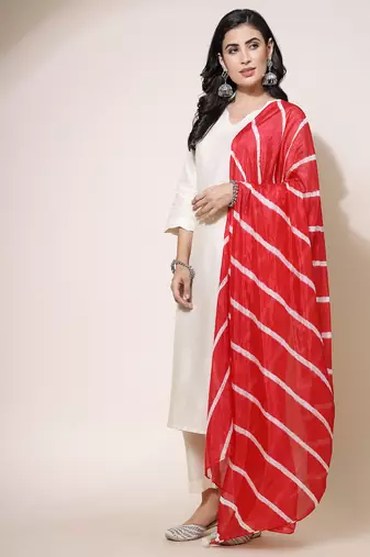 women v-neck straight kurta with trousers & dupatta