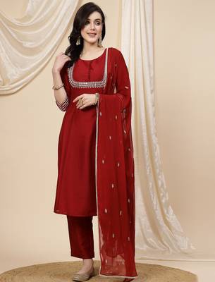 women maroon mirror work embroidered anarkali kurta with trouser & dupatta  3