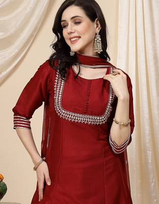 women maroon mirror work embroidered anarkali kurta with trouser & dupatta  4