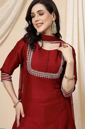 women maroon mirror work embroidered anarkali kurta with trouser & dupatta 