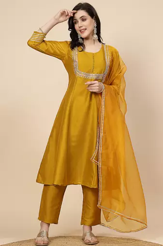 women burgundy yoke design a-line kurta and trousers with dupatta
