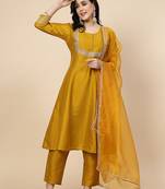 women burgundy yoke design a-line kurta and trousers with dupatta