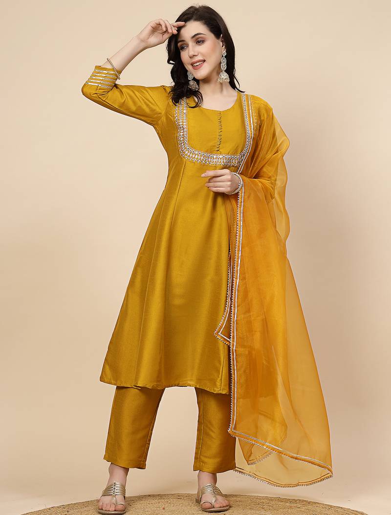 women burgundy yoke design a-line kurta and trousers with dupatta
