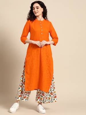  women orange  cotton kurta with palazzos 1