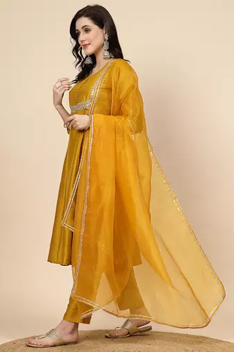 women burgundy yoke design a-line kurta and trousers with dupatta