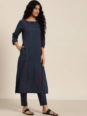 women navy blue & beige cotton solid panelled kurta with trousers & dupatta 1