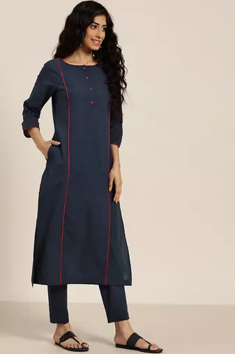 women navy blue & beige cotton solid panelled kurta with trousers & dupatta