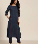 women navy blue & beige cotton solid panelled kurta with trousers & dupatta