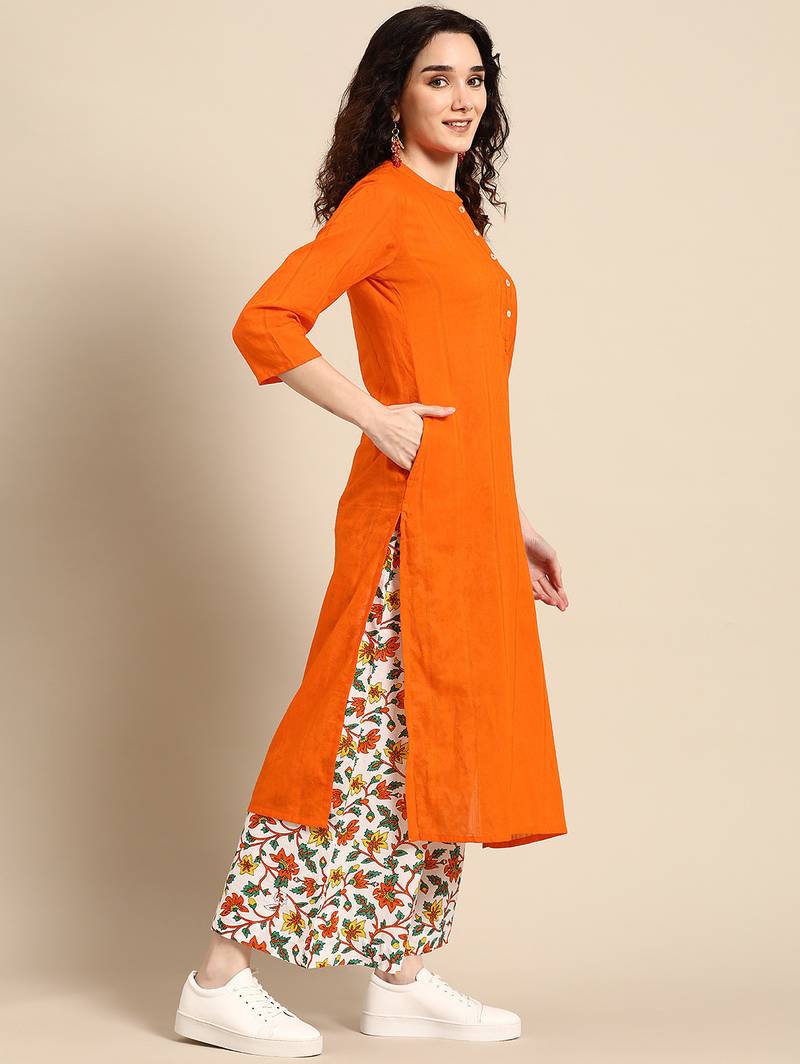  women orange  cotton kurta with palazzos