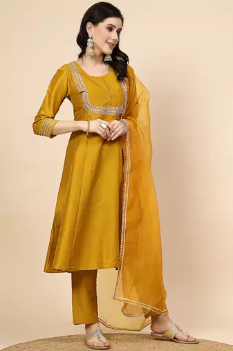 women burgundy yoke design a-line kurta and trousers with dupatta
