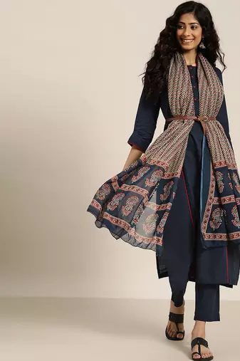 women navy blue & beige cotton solid panelled kurta with trousers & dupatta