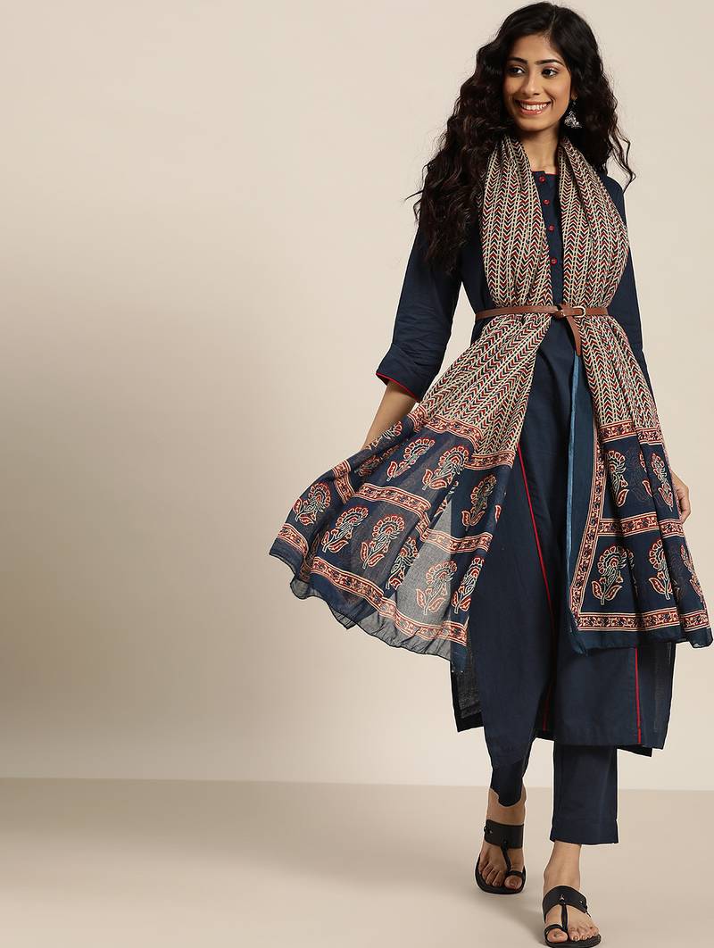 women navy blue & beige cotton solid panelled kurta with trousers & dupatta