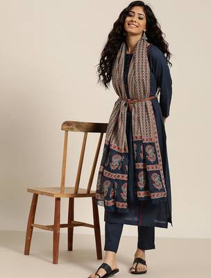women navy blue & beige cotton solid panelled kurta with trousers & dupatta 3